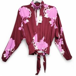Free People Say You Love Me‎ Womens XS Top Floral Print Keyhole Blouse Plum NEW